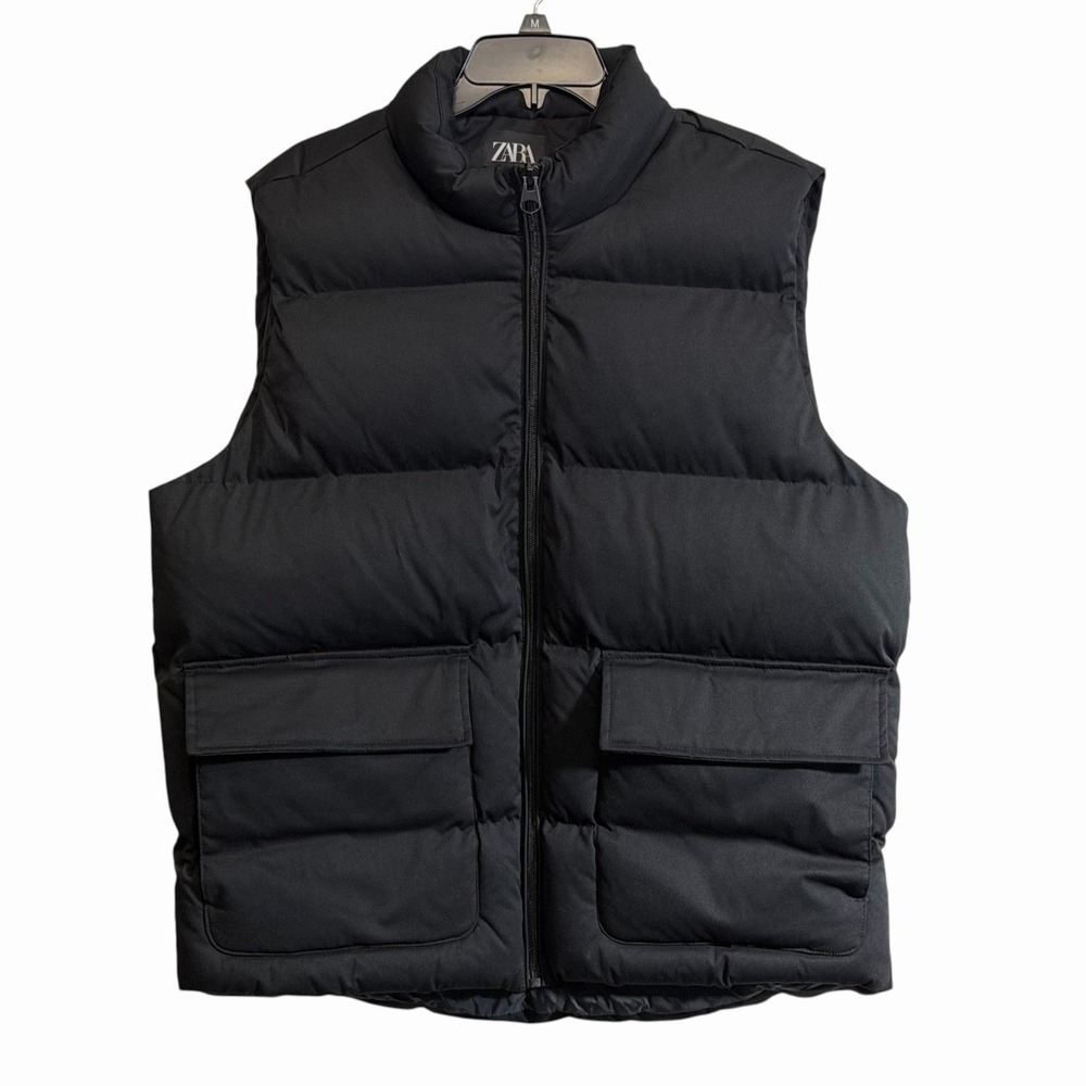 Zara Mens XL Puffer Vest Jacket Black Full Zip Pockets